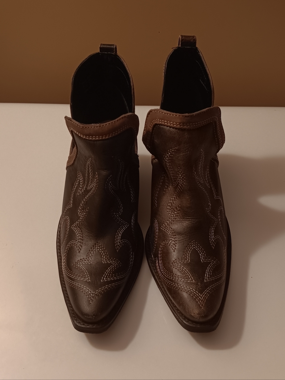Myra Stitched Western Pull On Ankle Boots.  Size 7.  Black/Brown